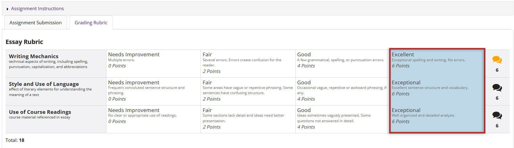 Screenshot of OWL Gradebook tool. Displays how to select rating level for criterion.