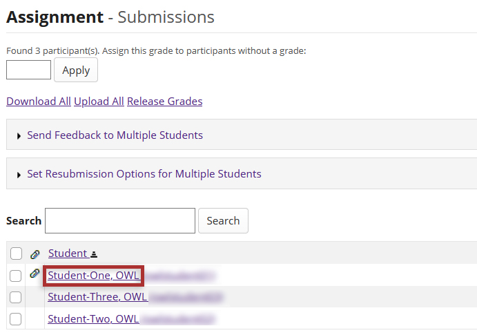 Screenshot of OWL Gradebook tool. Displays how to select a student assignment to grade.
