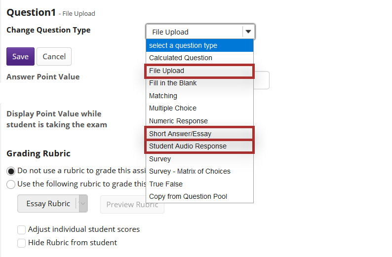 Screenshot of OWL Tests & Quizzes tool. Displays adding new question configuration.