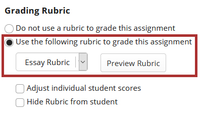 Screenshot of OWL Tests & Quizzes tool. Displays question level rubric configuration options.