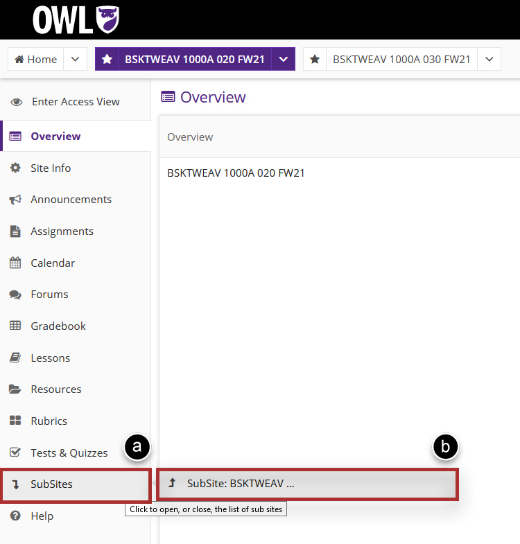 Screenshot of Site Info OWL tool. Displays parent and child site link.
