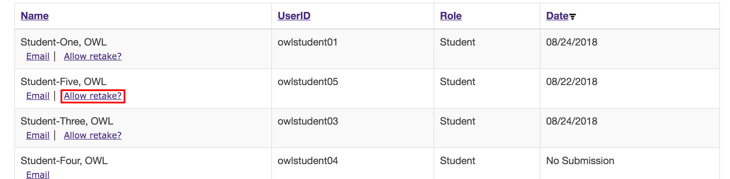 Screenshot of a list of students in a table with the hyperlink 'Allow Retake?' highlighted.