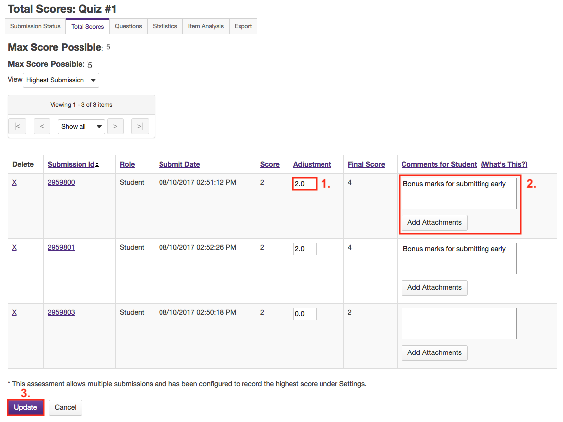 Enter score adjustment and overall comments.