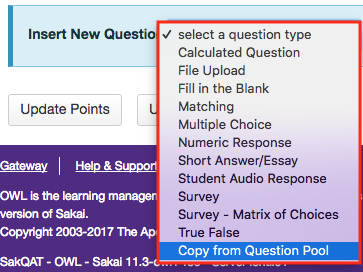 Select Copy from Question Pool from the drop-down menu.