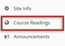 Screenshot of OWL Course Readings tool, displays link to access tool from side navigation.