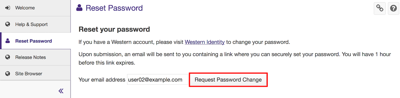 Screenshot of the request password change page, with the request password change button highlighted.