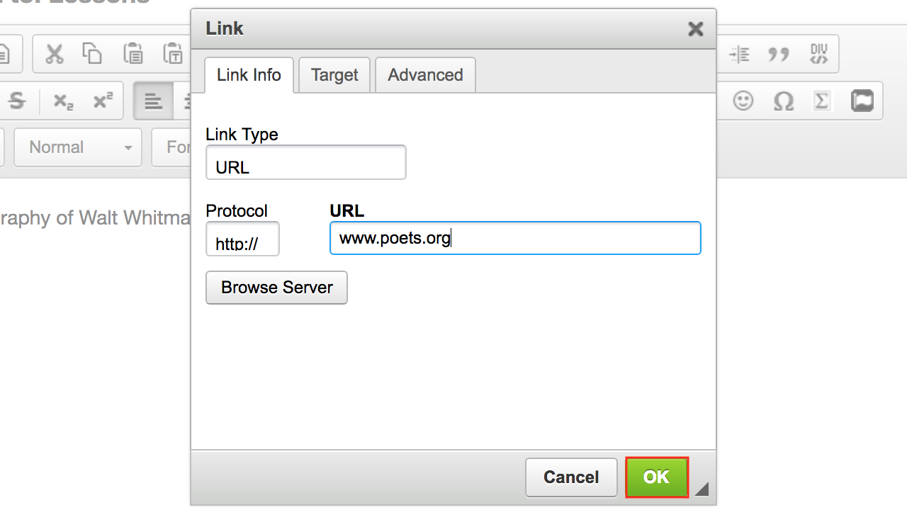 Screenshot of the link pop-up window with the OK button highlighted.
